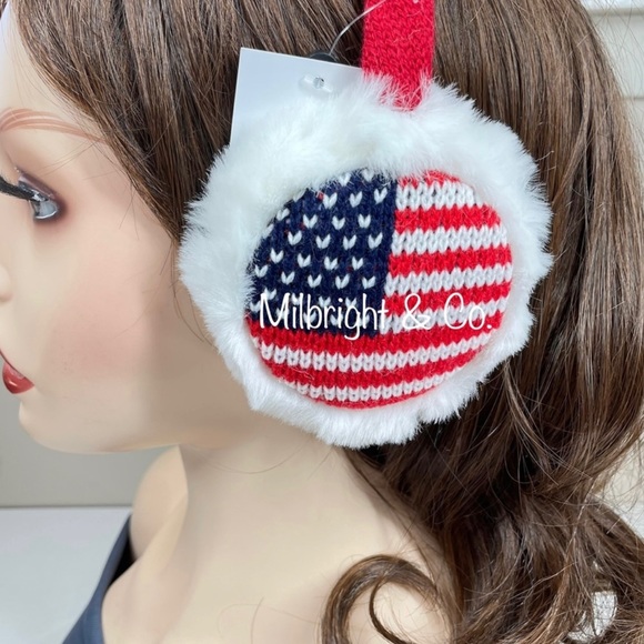 New! American Flag Knit Faux Fur Earmuffs - Picture 4 of 4